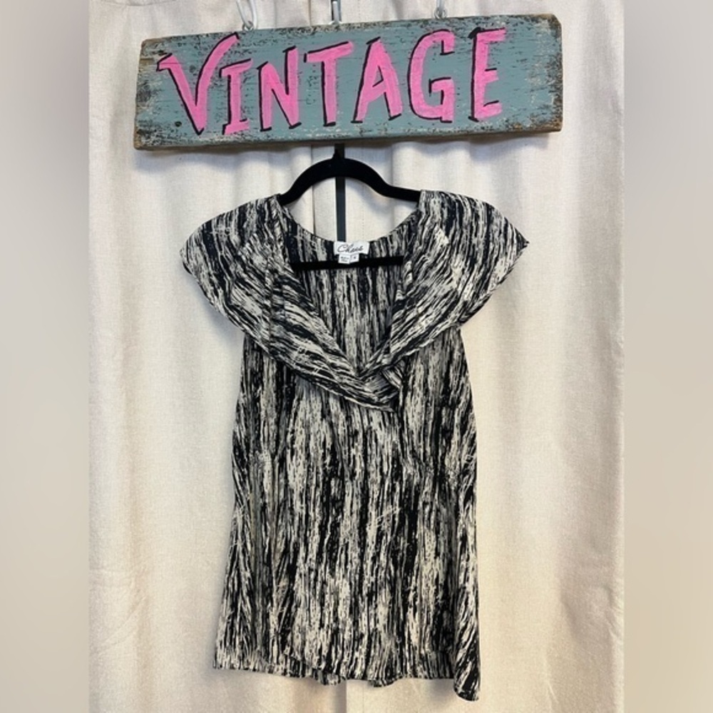 90s y2k 100% Silk Black and White Retro Print Blouse, Trending by Chaus